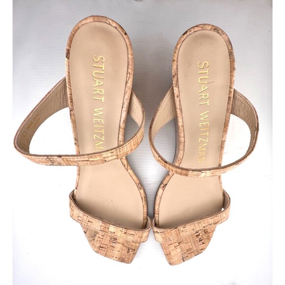 $450 STUART WEITZMAN Womens 7 Aleena Wedge Slide Sandal Patent Leather Cork Nude - Picture 5 of 11